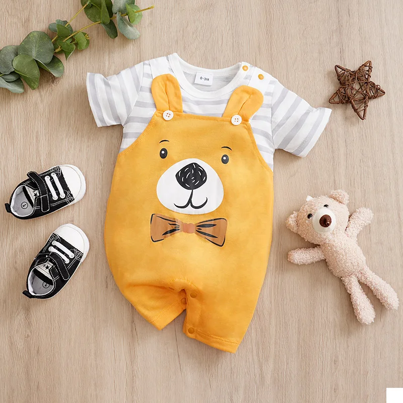 Summer newborn short sleeved jumpsuit cute little bear shoulder strap short sleeved jumpsuit comfortable and breathable for baby