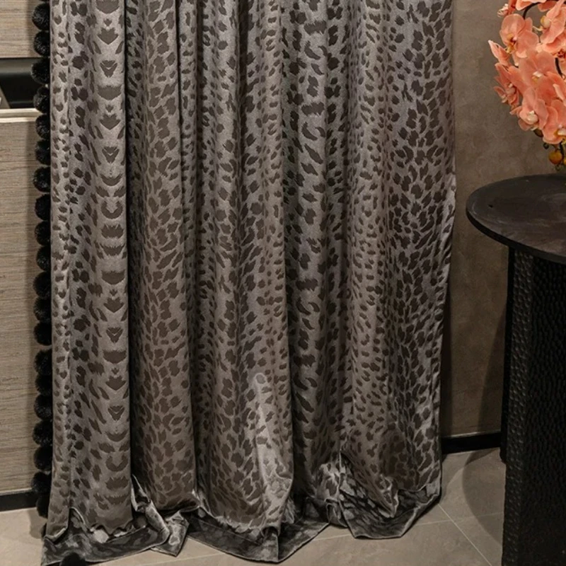 High-end Dark Gray Leopard Velvet Jacquard Thickened Curtains for Living Room Bedroom French Window Customized Finished Products