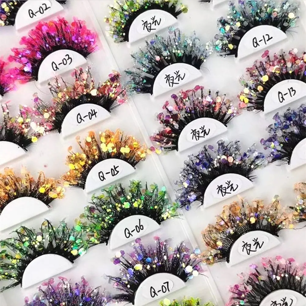 Unique Shining Colored Eyelashes Gold Pink Green Glitter Colorful False Eyelashes Dramatic Halloween Party Rainbow Lashes