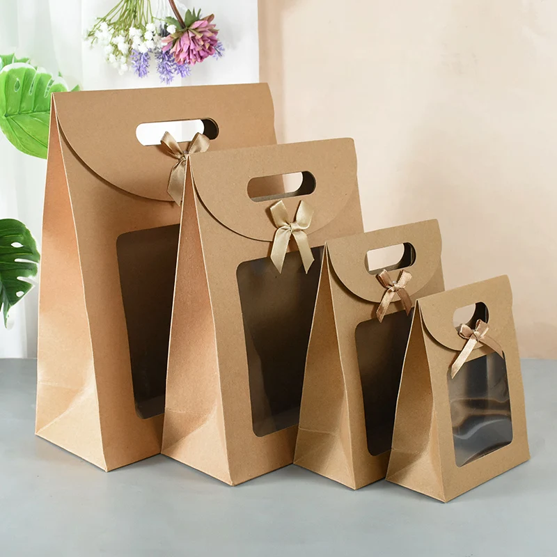 2pcs Transparent Window Kraft Paper Gift Bags With Bowknot Candy Biscuits Cake Pakcaging Box Birthday Party Baking Takeaway Bag