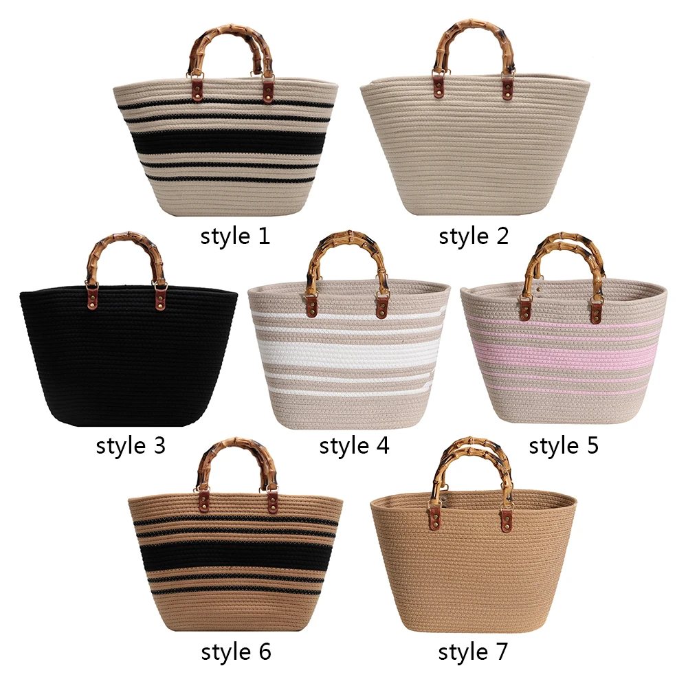 Cotton Woven Handbags Bamboo Handle Ladies Woven Tote Large Capacity Striped Portable Casual Fashion Exquisite for Seaside Party