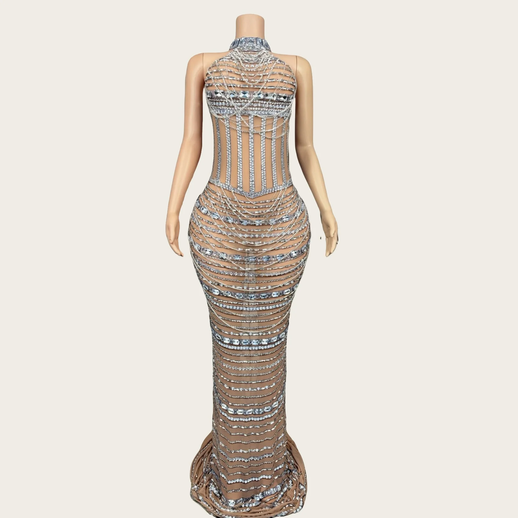 

Shugen Sexy Women Luxury Sparkly Crystals Dress See Through Mesh Celebrity Evening Gown Cocktail Night Prom Floor-length Dress