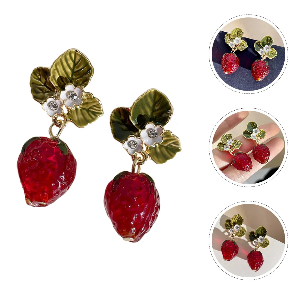Strawberry Tree Leaf Red Crystal Earrings Cute Fruit Studs for Women Lightweight Spring Accessories Girlish Design Trendy