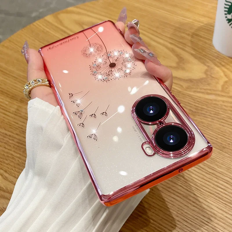 Diamond Plating Case for Huawei Honor 70 60 50 Pro P60 P50 P40 Mate 40 Dandelion Jewelled Rhinestone Clear Soft Cover Woman Girl