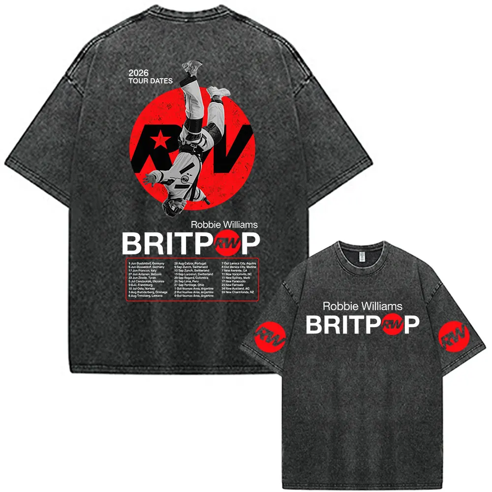 Robbie Williams Britpop 2026 Tour Vintage Washed T-Shirts Herren Damen Kleidung Mode Übergroße Kurzarm-T-Shirts Streetwear – Detail 6