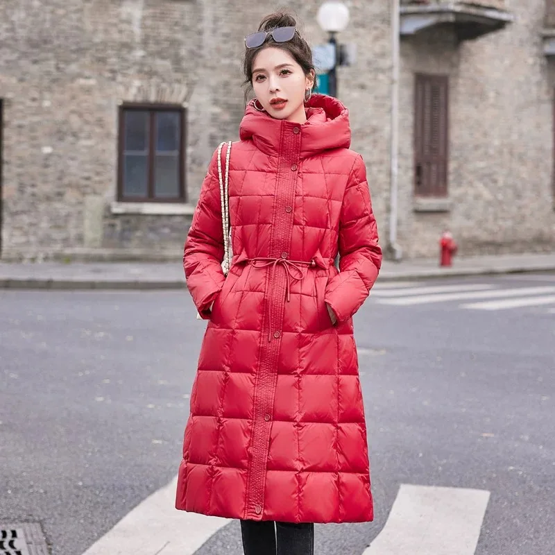 Long Puffer Coat Jackets for Women 2024 Windproof Thickened Warm Outerwears Simple Solid Color Drawstring Women's Down Jacket