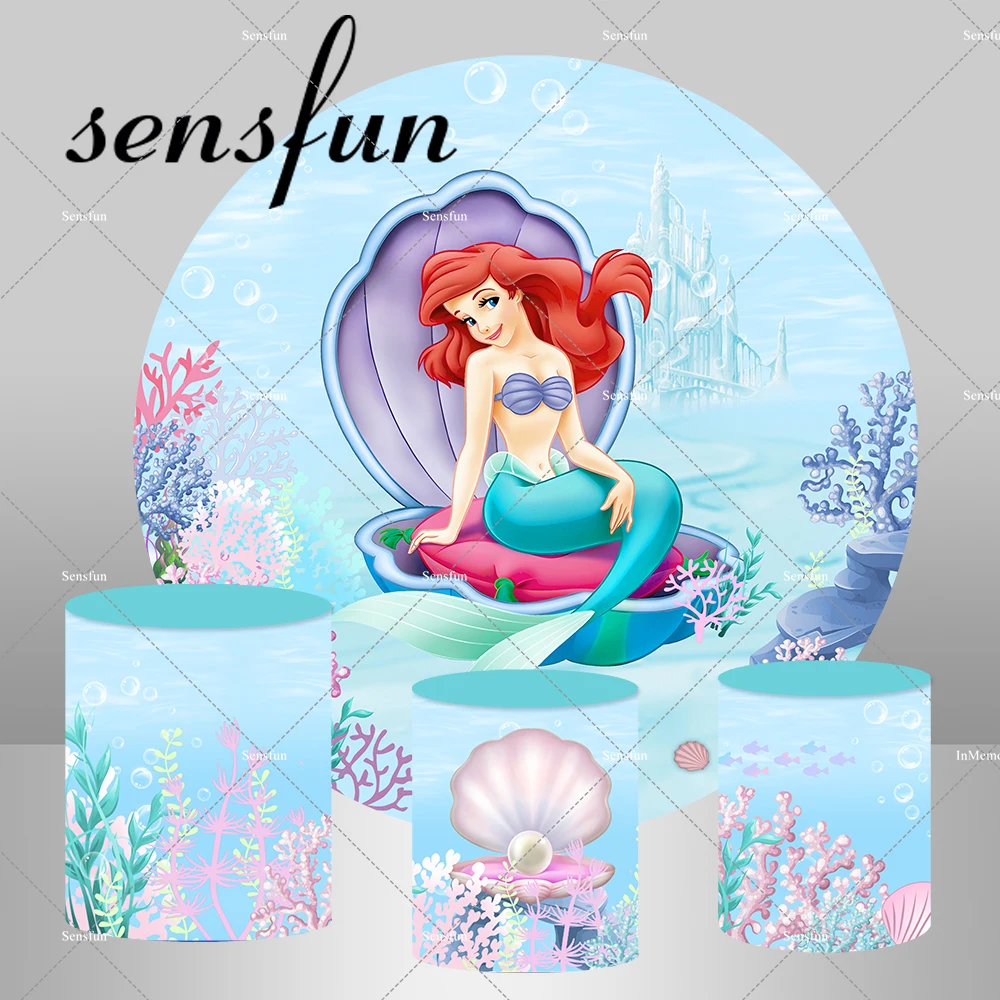 Little Mermaid Princess Ariel Sits On The Mussel Round Backdrop Cover Girls Under Thea Sea Baby Shower Birthday Party Background