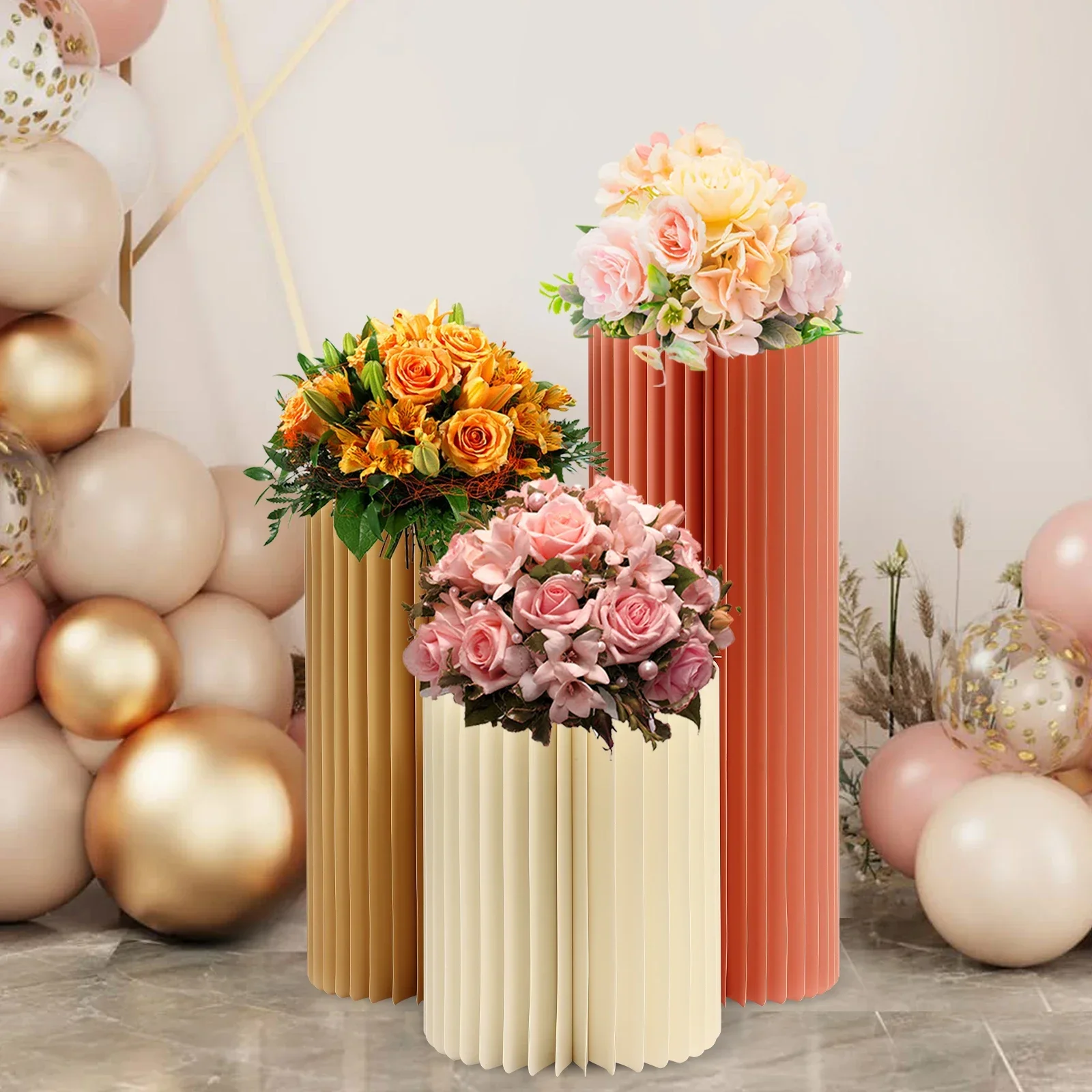 

3Pcs Wedding Cardboard Vases - Foldable Paper Columns Display Pedestals Stands for Party Tables Decorations