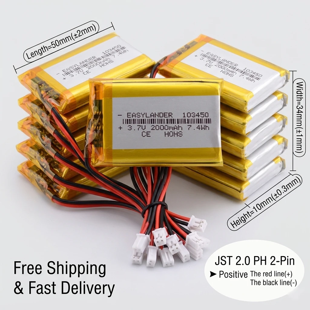 

3.7V Li-Polymer Battery JST 2.0mm 2P Silicone Wires 103450 503040 603048 503759 402030 602030 Lipo Rechargeable Lithium Ion Cell