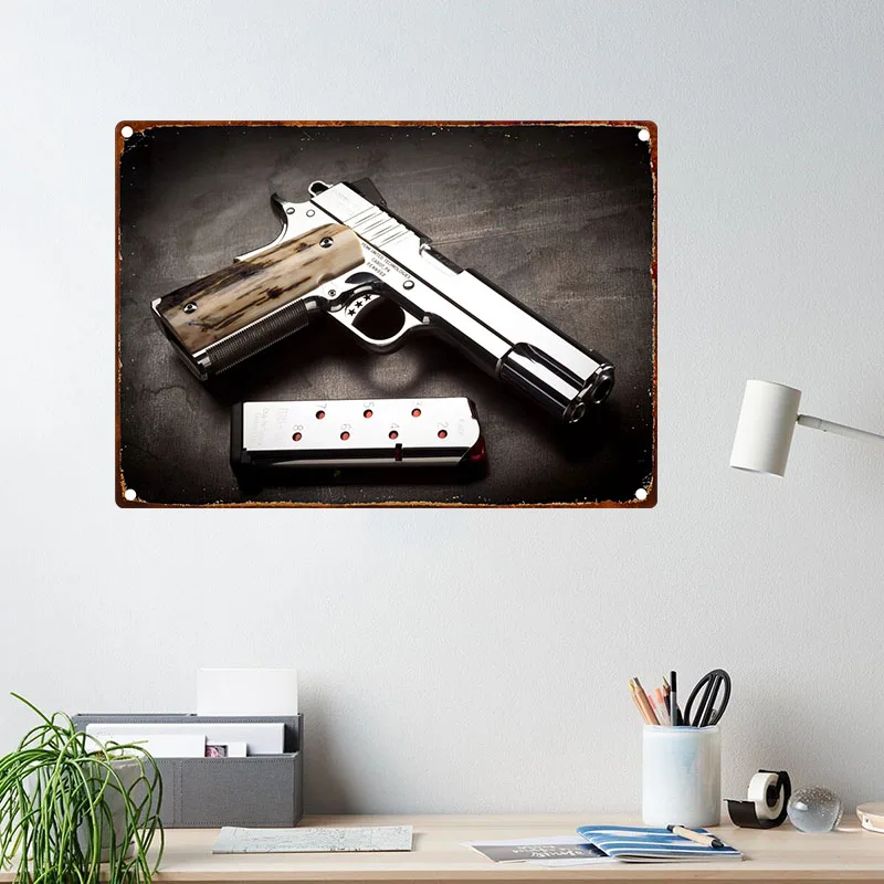 Nowy pistolet HD blaszany obraz metalowy znak plakat w stylu Vintage domu salon Bar klub imprezowy człowiek jaskinia ściana artystyczna Decorativ