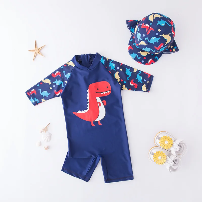 Bañador con estampado de dibujos animados para niños pequeños, traje de baño de una pieza con estampado de tiburón y pingüino