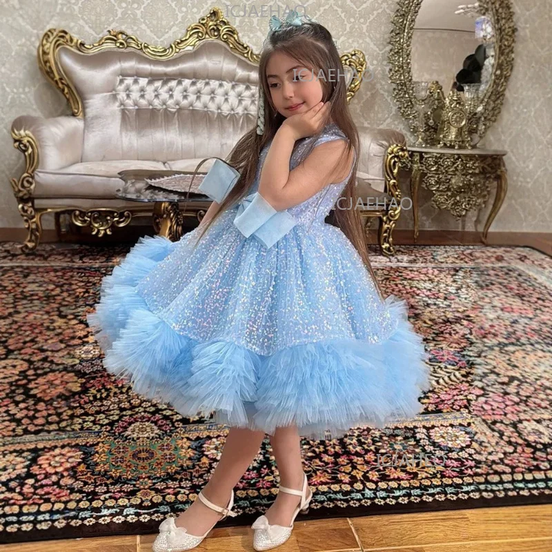 Children Girls Formal Style Tutu Little Host Model Performance Pageant CostumeDress Blue Sequin Fashion Elegant Kids Princess