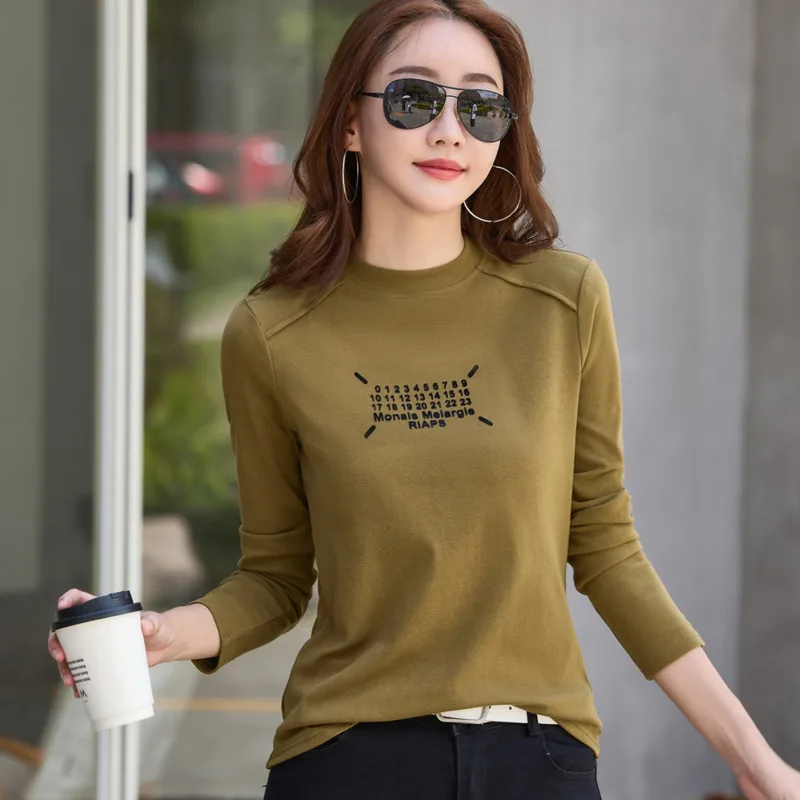 #0386 Autumn Winter Long Sleeve T Shirt Women Round Neck Letters Printed Skinny T-shirt Female Thick Women\'s Tee Shirt