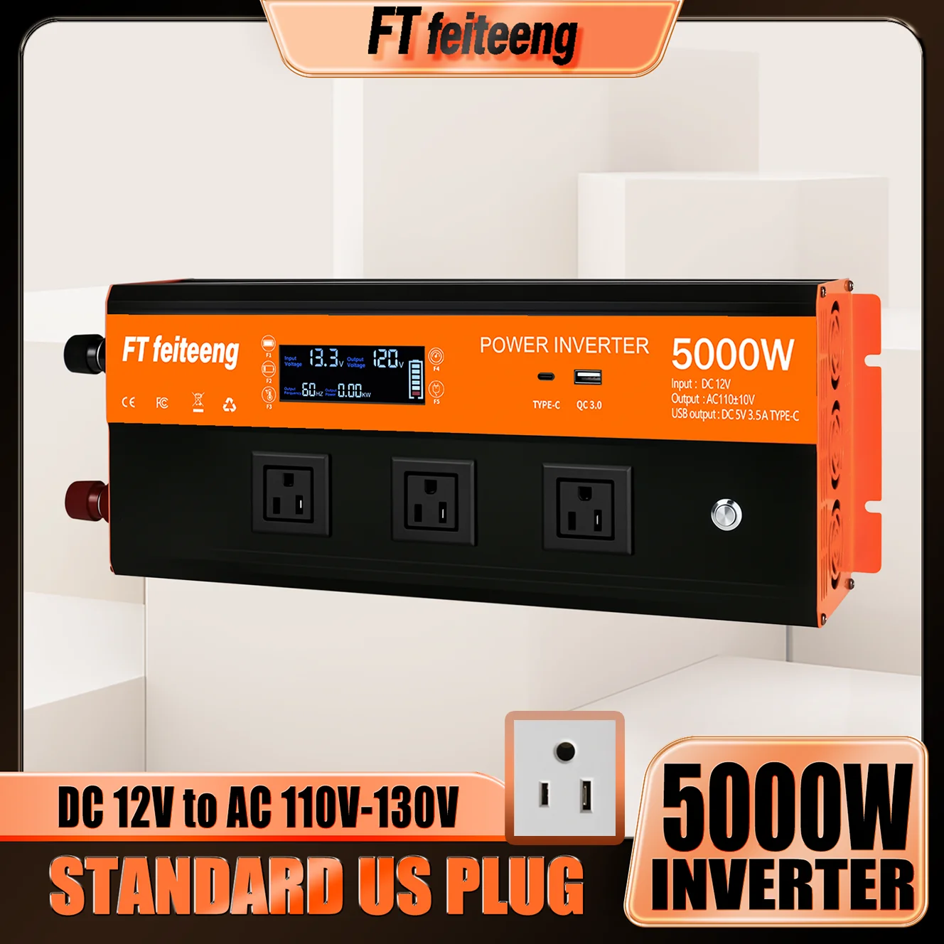 

FT feiteeng 5000W Power Inverter 12V to 110V with US Plug for Home Solar System RV Camping, LCD Display & Overload Protection