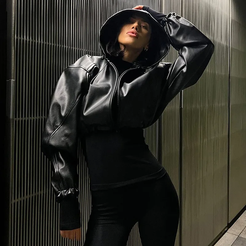 

PU Leather Hooded Short Jacket Top Motorcycle Style Spicy Girl 2024 Winter Sexy Elastic Waistband Zipper Coat Streetwear