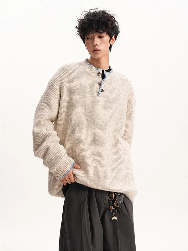 

Американский свитер с воротником хенли, свободный крой, вязаный, с длинными рукавами, теплый топ для мужчин и женщин, весна 2026, повседневный, в стиле кэжуал