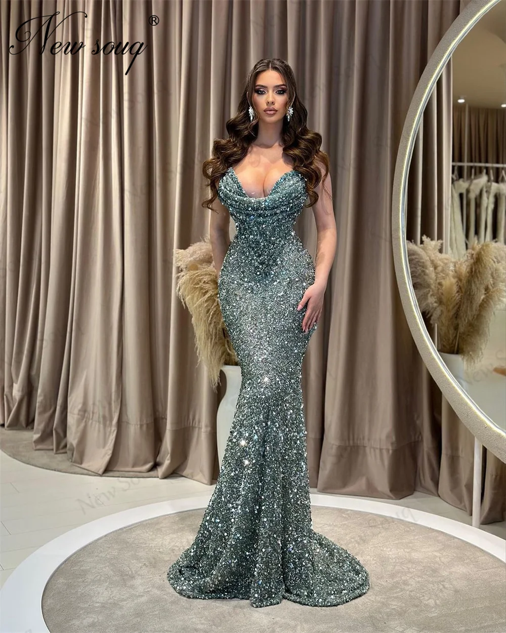 

Green Aso Ebi Sequins Prom Dresses Robes De Soiree 2024 Arabic Dubai Beaded Evening Dress For Women Engagement Bride Dress Party