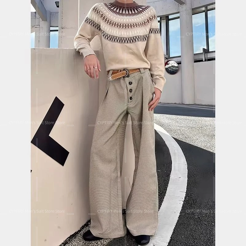 Man's Trousers Buttoned A-line Wide-leg Trousers For Men, Autumn High-end Style Pants With Draped Pleats