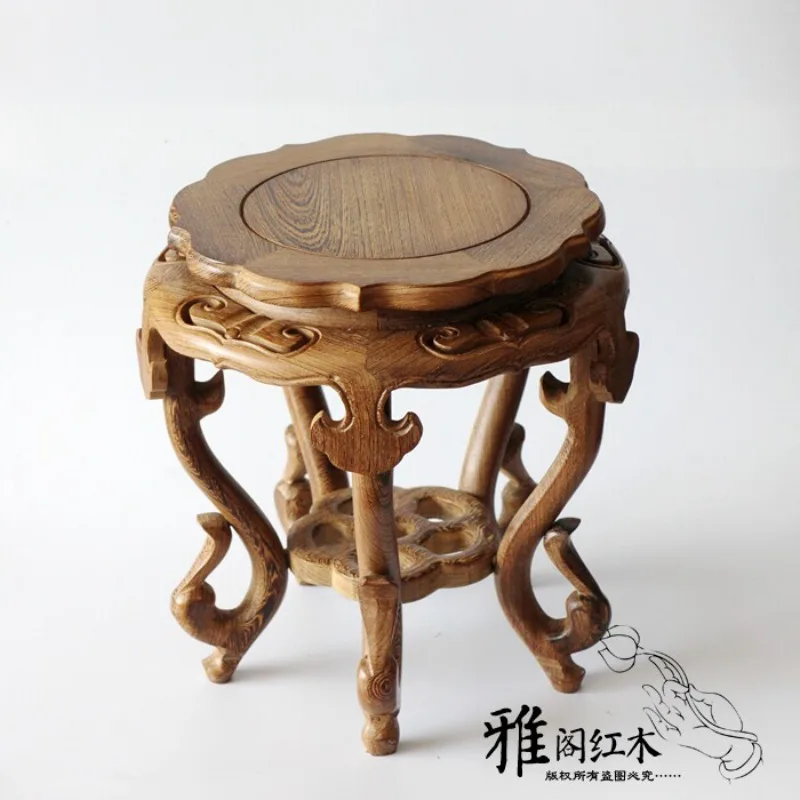 Handmade chicken wing wooden circular stool vase ceramic bonsai fish tank solid wood base