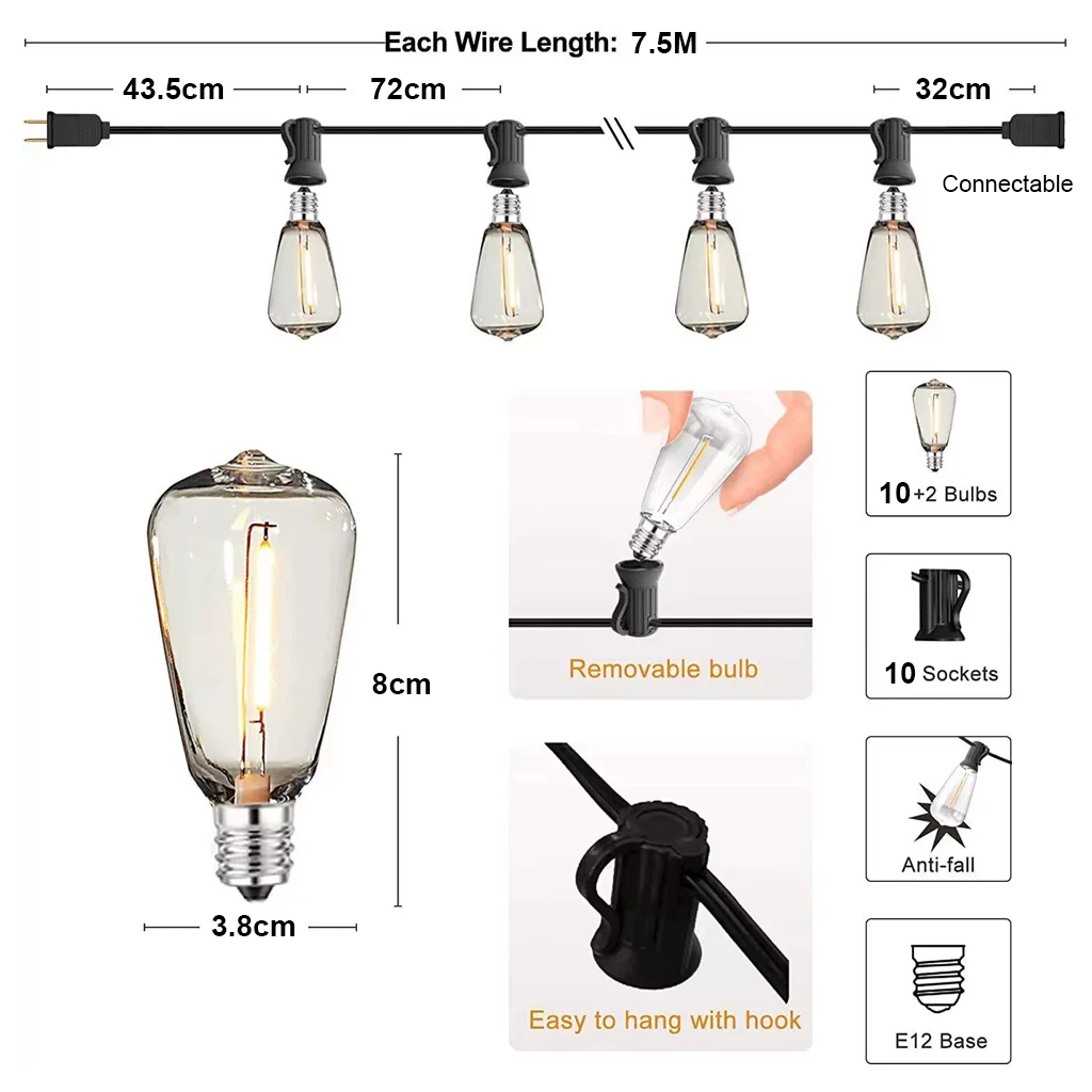 7.5M Outdoor Solar/Plug-in Patio String Lights 10+2 Edison Bulbs Black Waterproof Hanging Lights for Backyard Pergola Decor