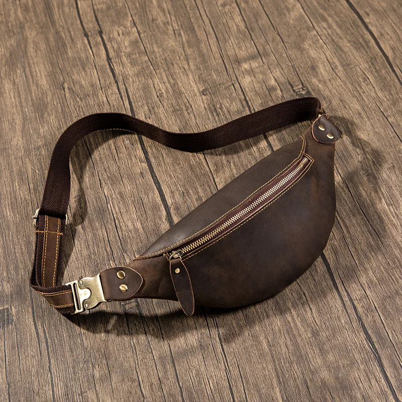 Crazy Horse Leather Waist Bag for Men Cowhide Waist Pack Fanny Belt Bags Male Travel Crossbody Chest Bag Small Phone Pouch