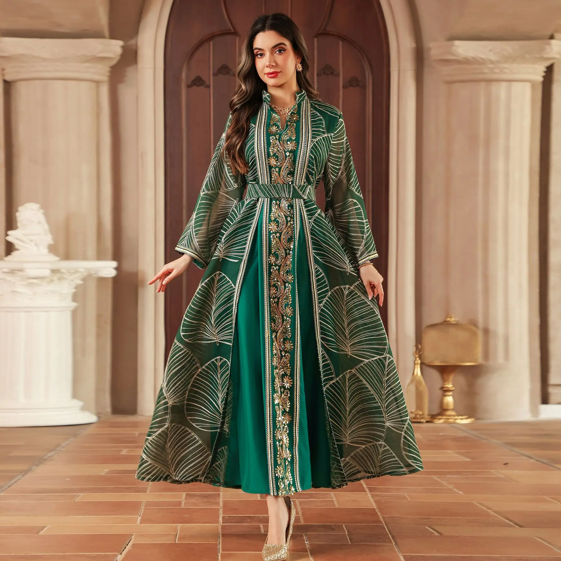 

2026 Spring Summer Women's Abaya Dress Dresses Mesh Beaded Muslim Jalabiya Outfit