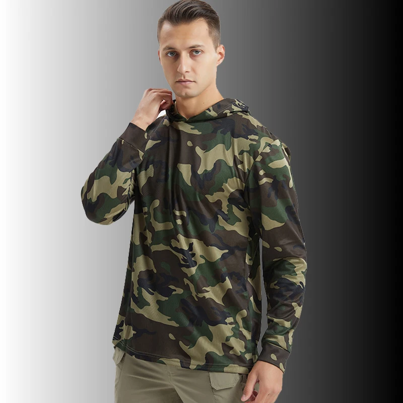 Men Spring Tactical Camouflage Hooded Long Sleeve T-shirt Male Autumn Camisa Masculina Quick Dry Breathable Military Army Shirt