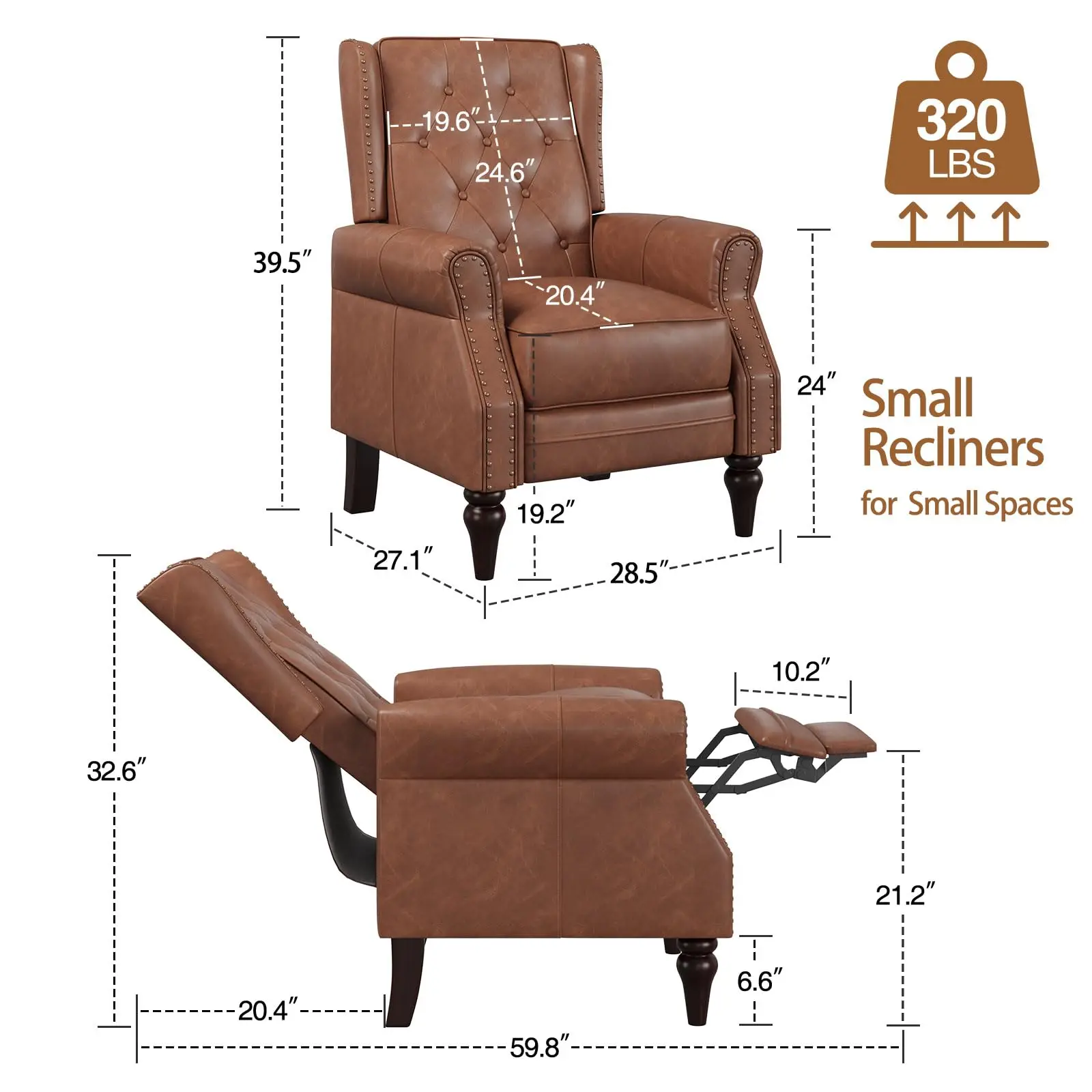 Vabches Recliner Chair with Wingback&Rivet Decoration Faux Leather Single Sofa Chair Small Comfy Recliner Chair for Living Room