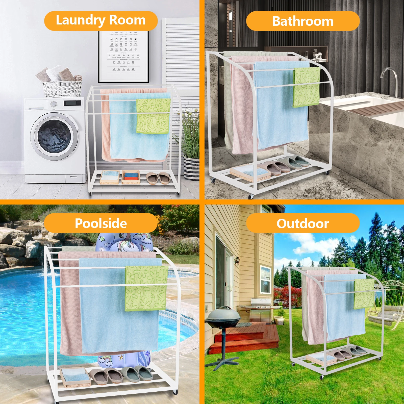 Pool Towel Rack,Outdoor PVC Trapedozal Poolside Storage Organizer,5 Bar,Outdoor Towel Rack with Wheels,Pool Towel Holder,Stores