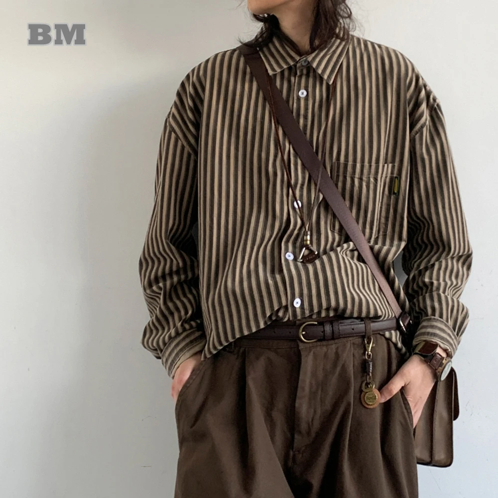 Korean Trend Preppy Couple Striped Shirt For Men Women Clothing Vintage Corduroy Long Sleeve Kpop Loose Coat Cotton Blouse