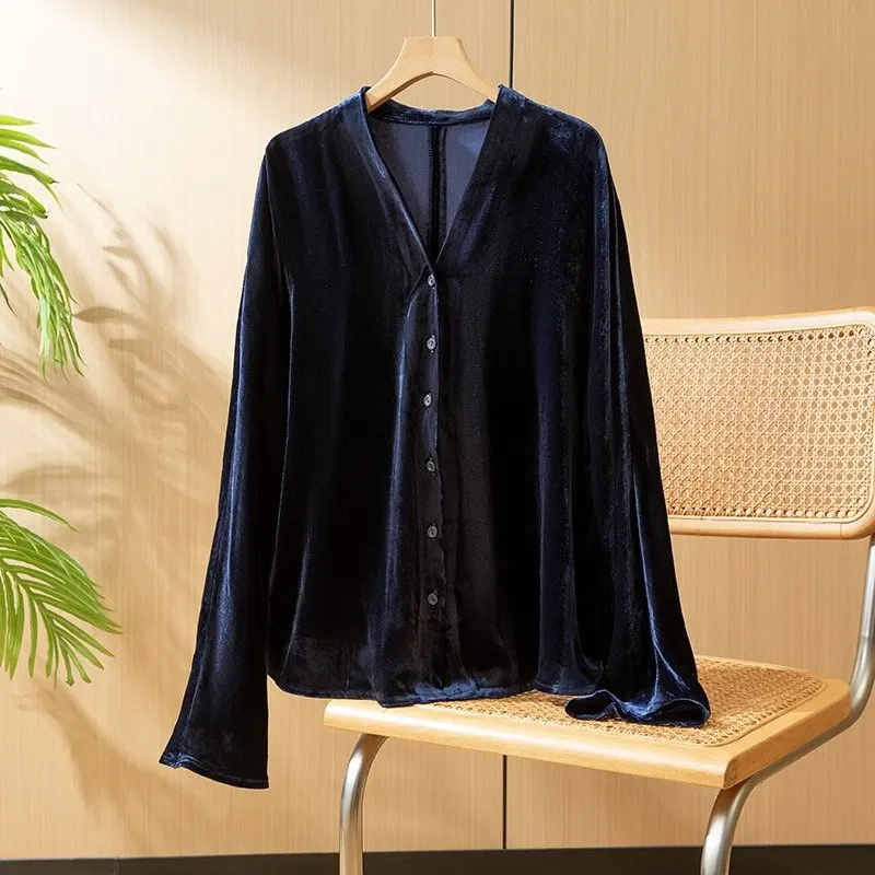 

Женская шелковая бархатная блузка с длинным рукавом и подкладкой из 100% шелка тутового шелкопряда, темно-синяя, на пуговицах, весна-осень QQ071