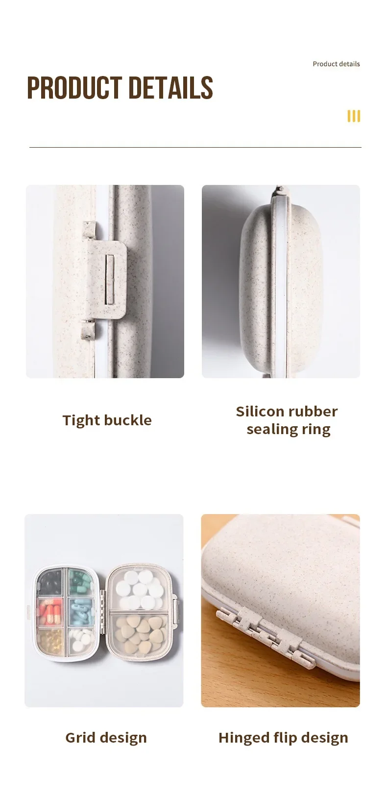 Kompakter wöchentlicher Pillen-Organizer, tragbare minimalistische Reise-Medizinbox, täglicher Aufbewahrungsbehälter für Tabletten und Vitamine – Detail 12
