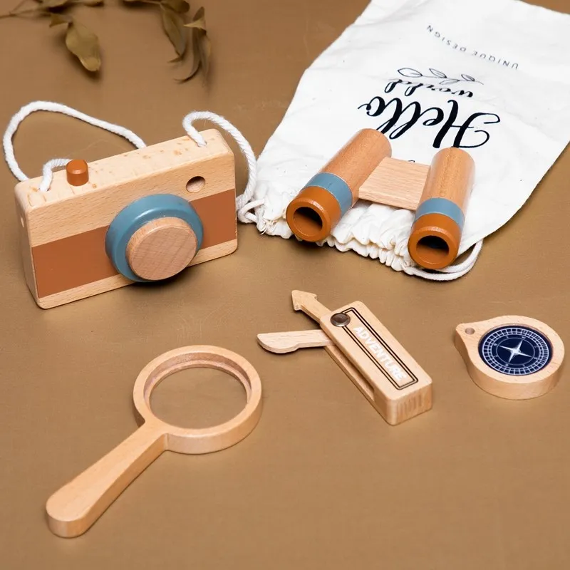 

Baby Wooden Montessori Toys Wooden Camera Outdoor Adventure Magnifying Glass Telescope Compass Wooden Knife For Children Gift