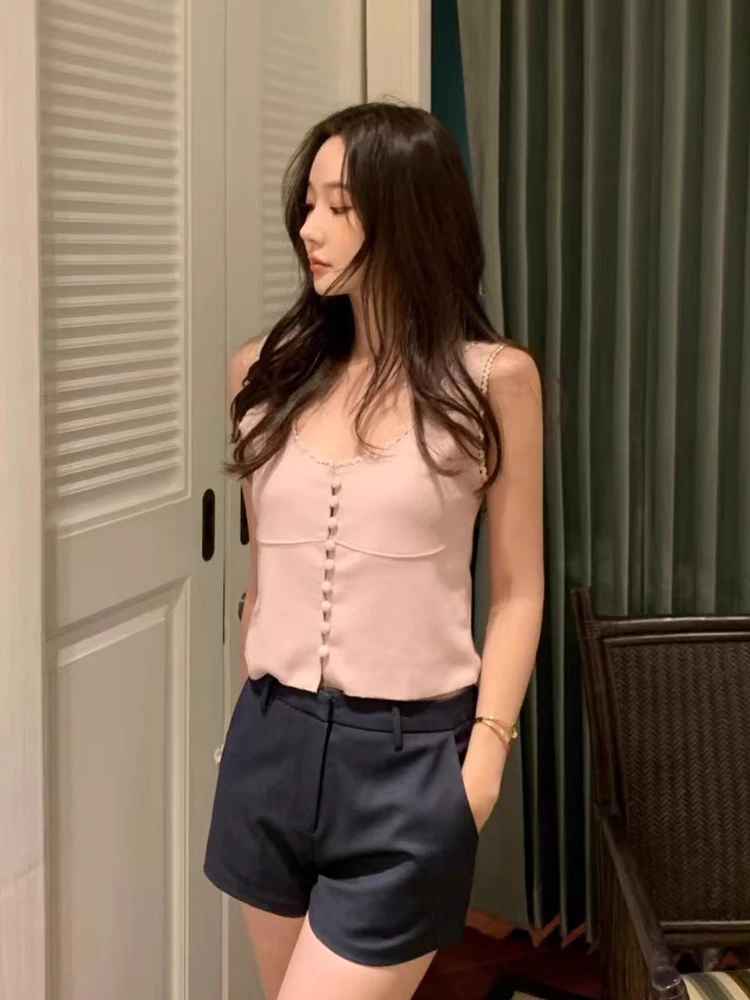 Ceco de punto adeazante versátil con botones pequeños y cuello en U para mujer, Top con tirantes, estilo de viaje a la m...