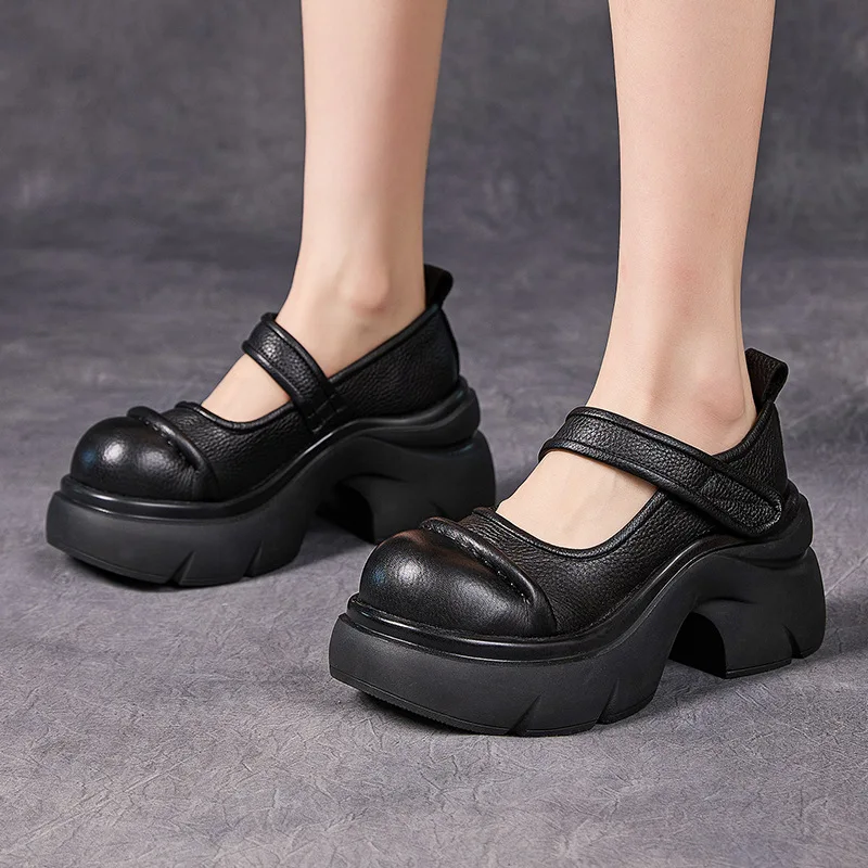 2026 New 7cm Autumn Classic Retro Top Layer Cowhide Women's Fashionable Shoes Platform Heighten Shoes Women High Heel Shoes Tide