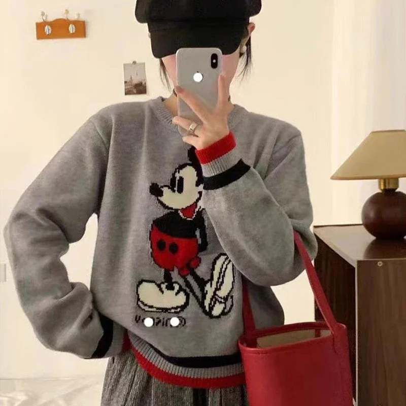 Disney Mickey Mouse Loose Sweaters Cartoon Tide Women Elegant O-neck Long Sleeve Knitted Pullover Top Autumn Female Tops Jumpers