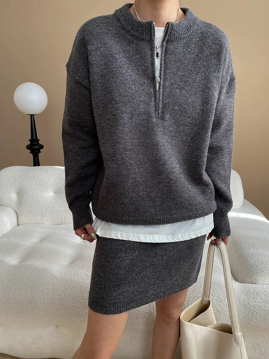 

Spring women's casual solid color round neck long sleeved loose sweater+high waisted skirt set