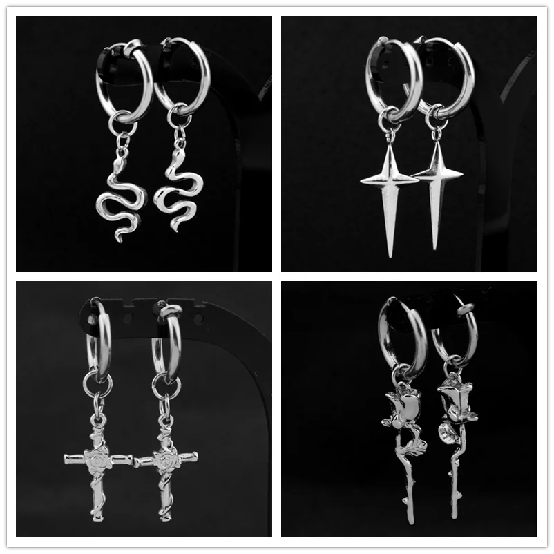 

Snake Rose Flower Cross Dangle Hoops Earrings Silver Color Vintage Punk Stainless Steel Earrings For Women Men Jewelry Piercing