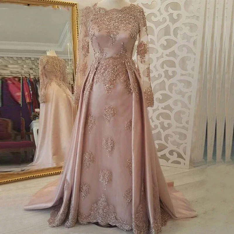 Elegant And Dignified Dubai Arab Wedding Party Dance Pink Muslim Decal Sequin Evening Dress A-line Long Sleeved Vest Customized