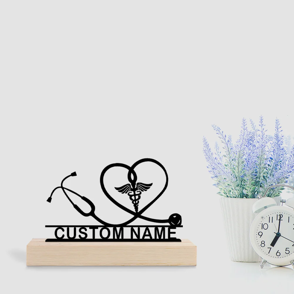 1pc Customizable Metal Desktop Ornaments Custom Content Equipped with A Wooden Base Room Decorations, Bar Counter Decorations