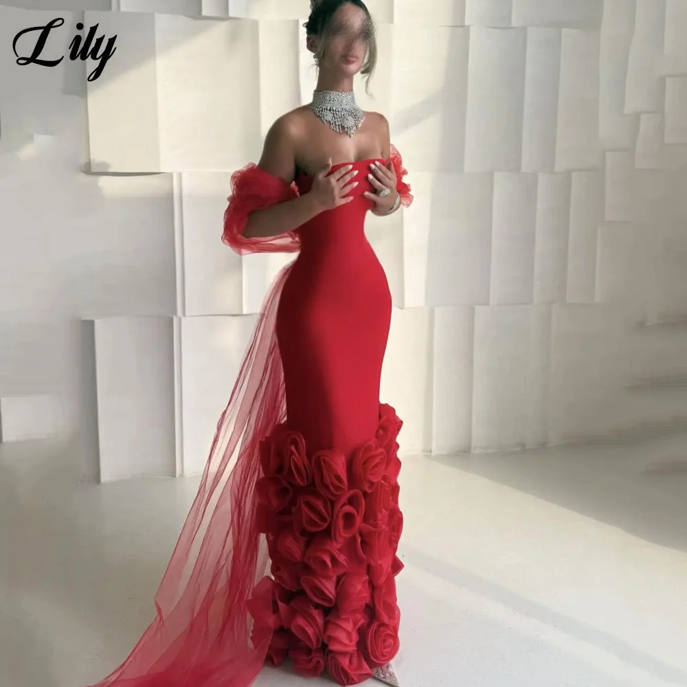 

Lily Red Mermaid 프롬 드레 Strapless Prom Gown Off the Shoulder Party Dresses with 3D Flowers Formal Dress for Women Customized