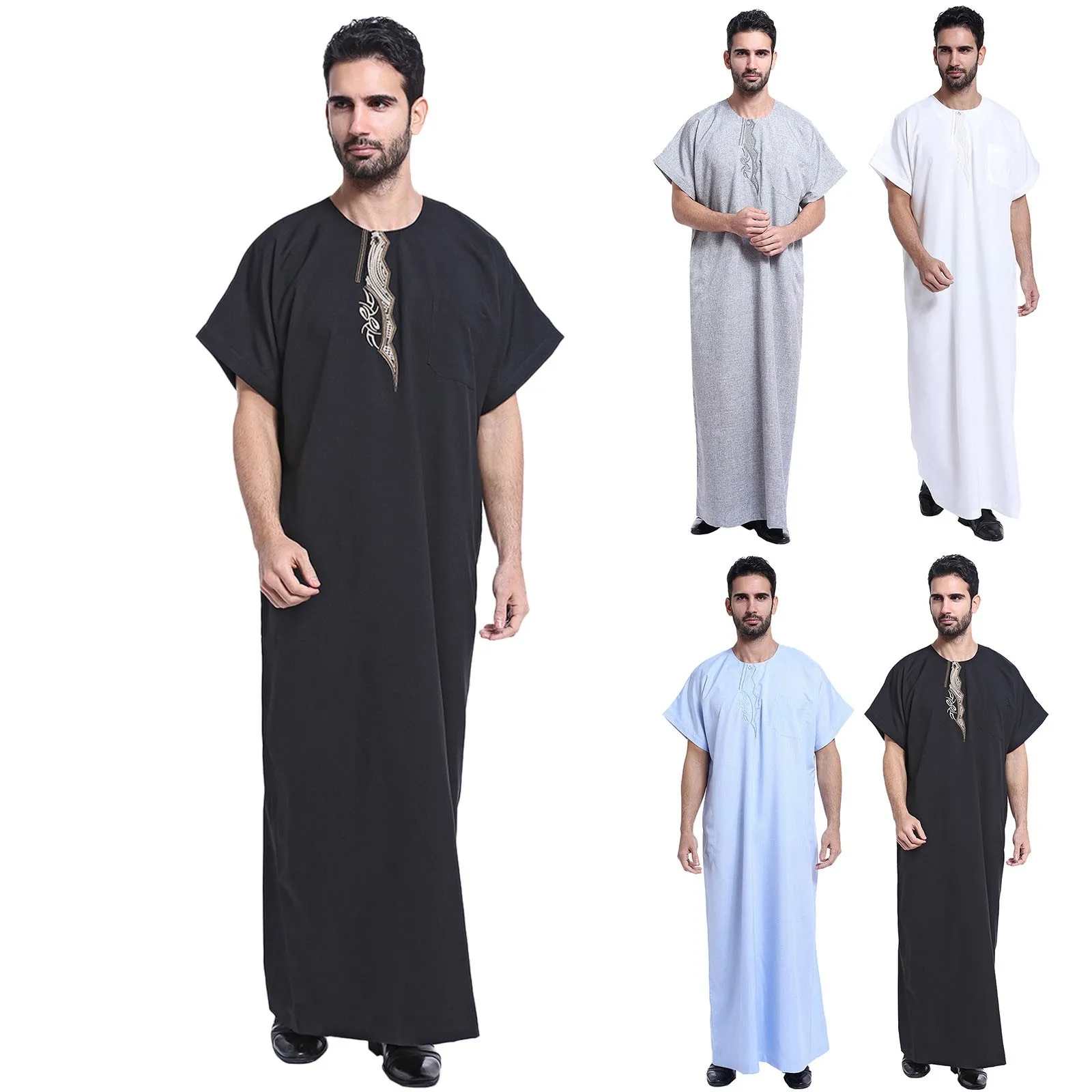 Men's Casual Muslim Arab Middle Solid Color Round Neck Short Sleeve Robe Buckle Dress Shirts for Men Traditional men's robe