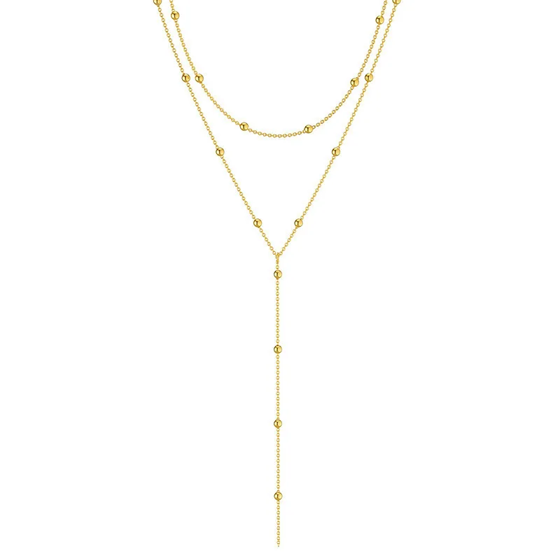 Gold Color Double Layered Long Tassel Y Shape Necklace for Women Minimalist Beaded Choker Chain Fashion Jewelry Gift