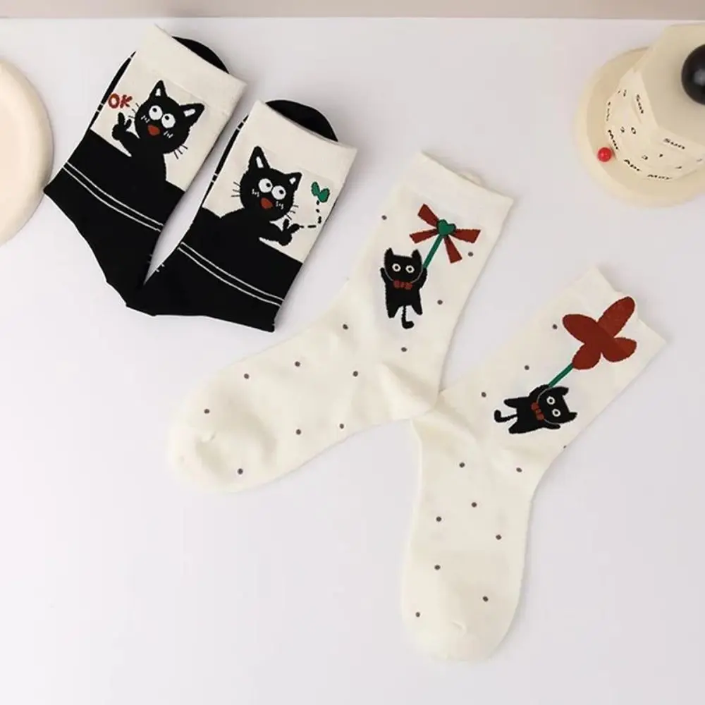 5 Pairs Sweet Cat Middle Tube Socks Thickened Breathable Polka Dot Socks Cat Wave Point Hosiery Knitted Mid-tube Socks Autumn