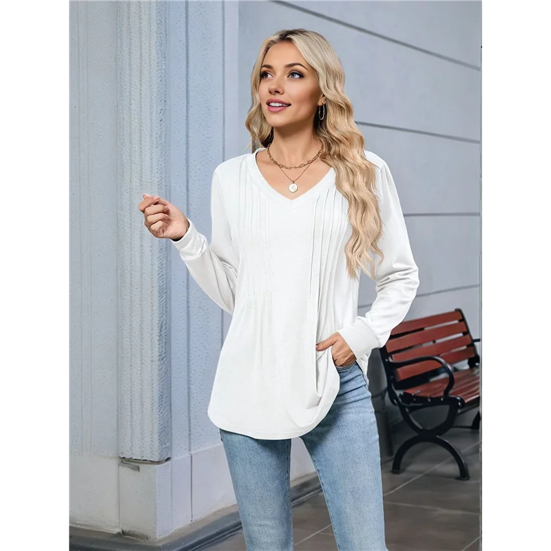 

ABP-Women's Puff Long Sleeve Shirts Pleated V Neck Fall Tunic Tops Blouse Dressy Casual Loose Summer T-Shirts