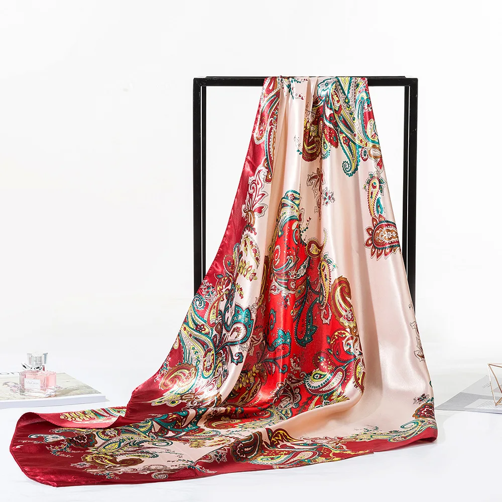New Style Cashew Flower Pattern Ladies 90*90cm Large Square Scarf Silk Scarfs Muslim Headscarf Scarf Hijabs Turban