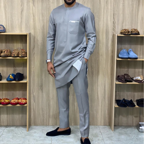 African Men Party Suit Two Piece Set Round Collar Long Sleeves Pocket Splice Top Pants Africa Summer Simple Outfits Gentleman