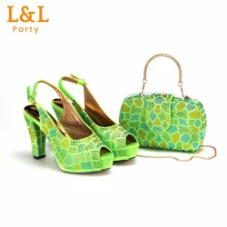 New Special Fluorescent Green Peep Toe Comfortable Heels Ladies Shoes with Handalbag Set For Party Women