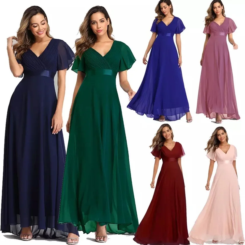 

Chiffon Evening Gown Wedding Party Long Dress V-neck Short Sleeve Ruffles Evening Dresses Mid-waist Pure Color Women's Dress