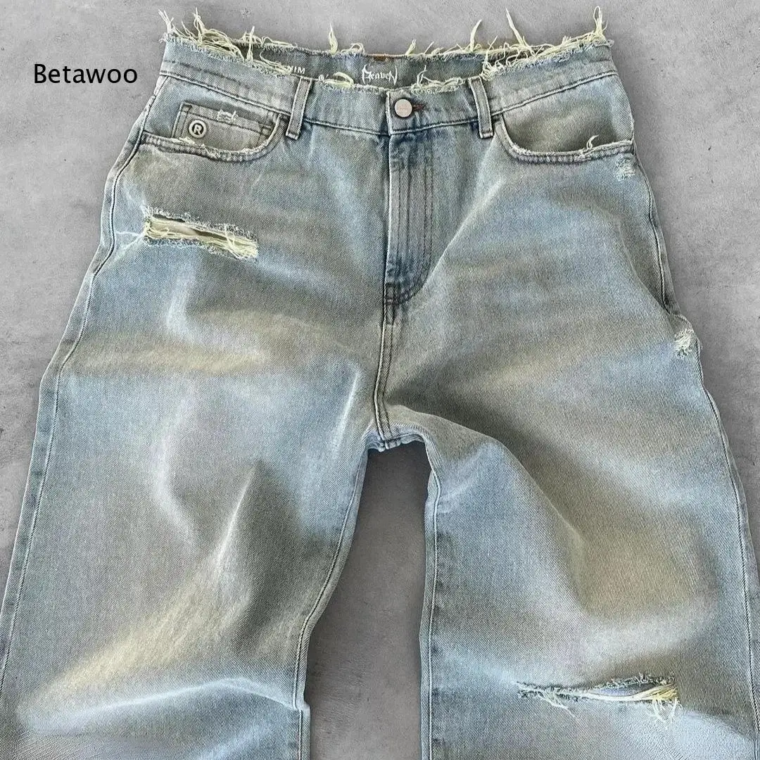 Men Loose Wide Leg Denim Jeans Light Wash Tone Frayed Ripped Raw Edge Decor Casual Trousers For Daily Street Matching Looks